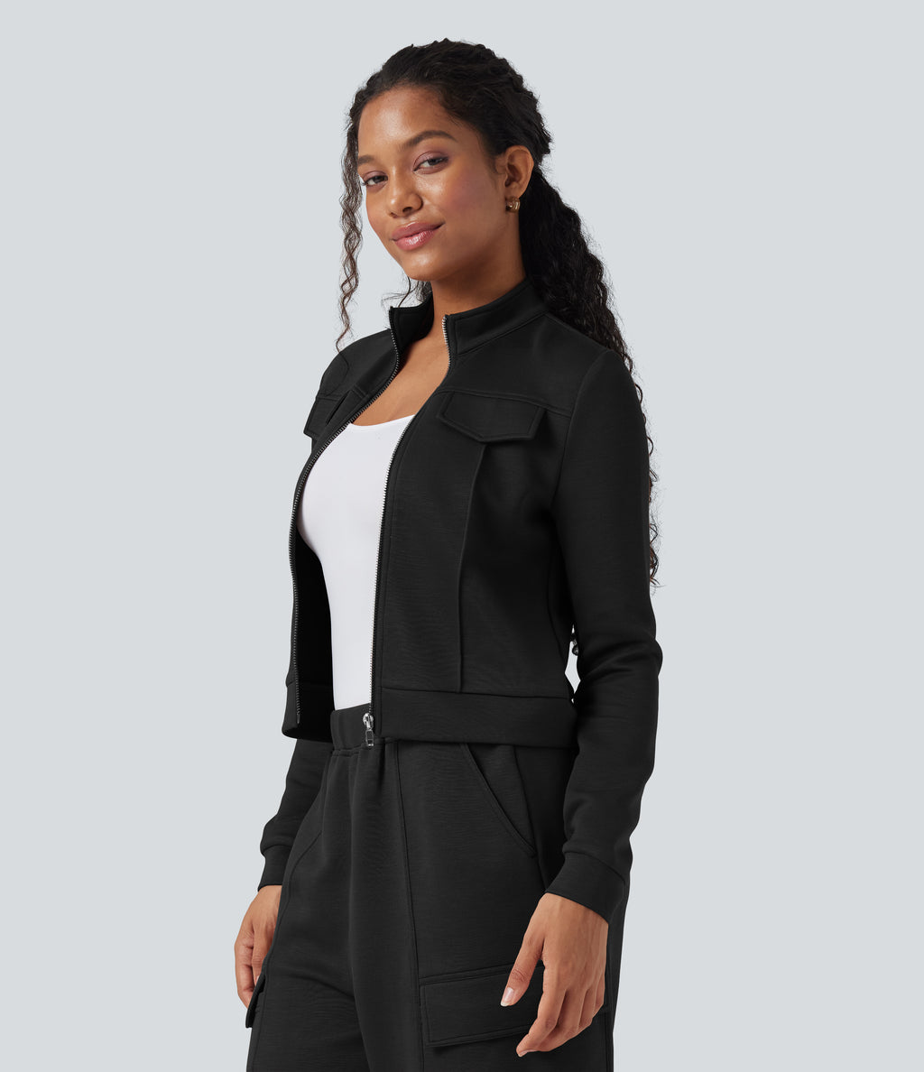 SpacerTek Stand Collar Long Sleeve Workout Jacket — Black — view 3