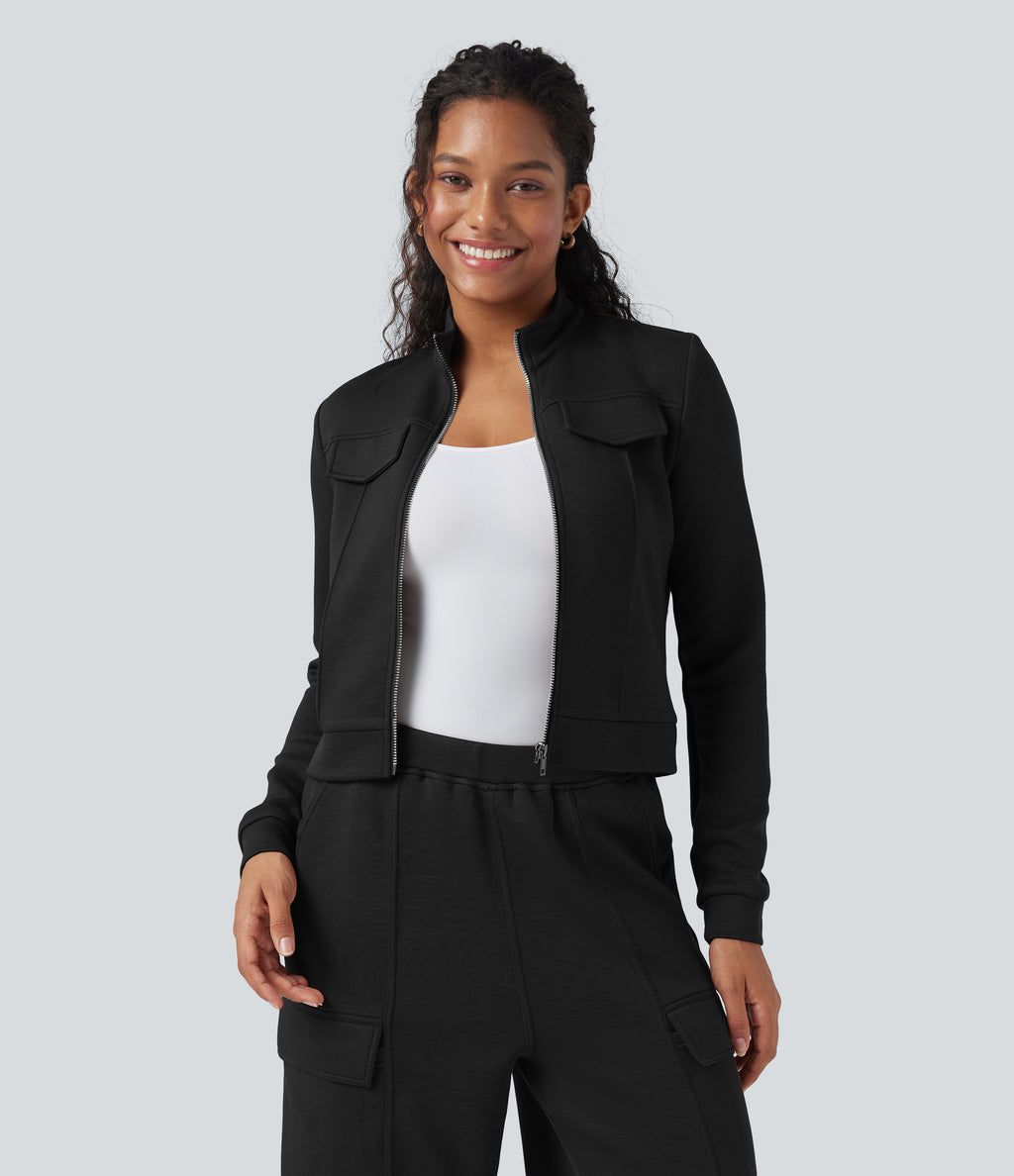 SpacerTek Stand Collar Long Sleeve Workout Jacket — Black — view 2