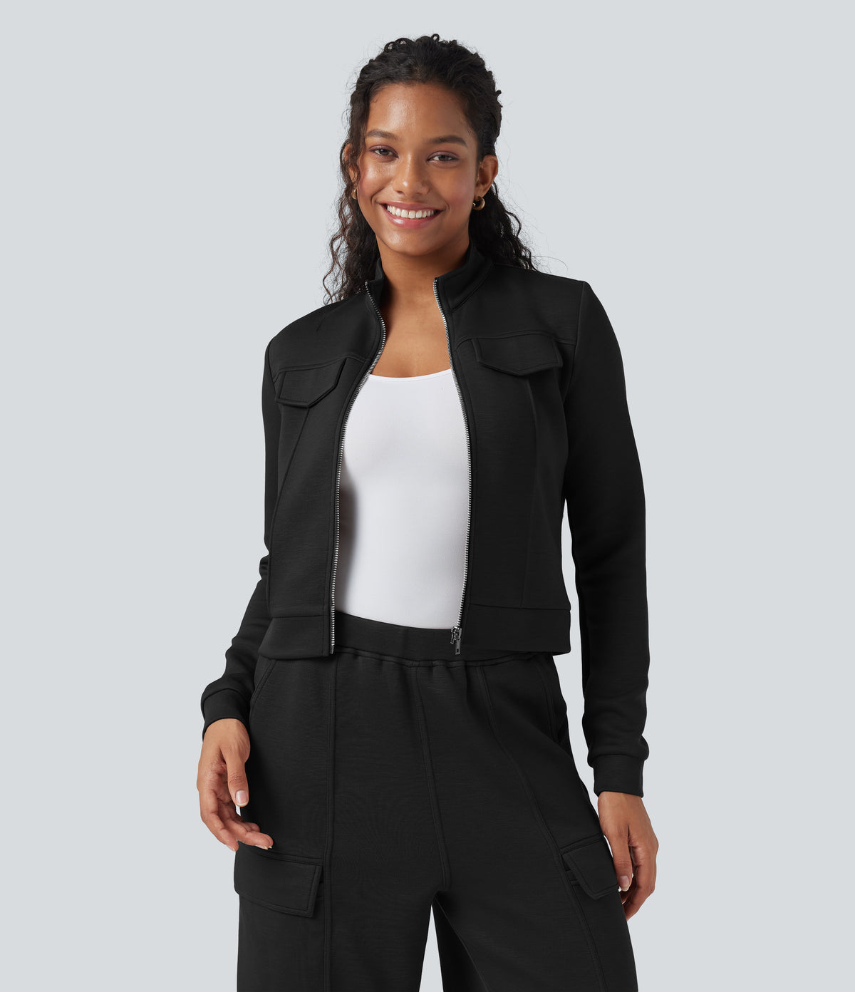 SpacerTek Stand Collar Long Sleeve Workout Jacket — Black — view 2
