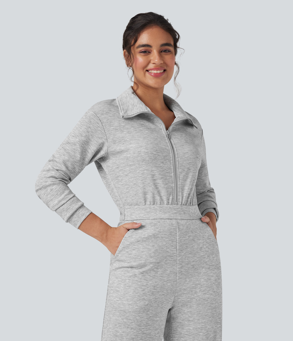 Lapel Zip Long Sleeve Casual Jumpsuit with Pockets — Fog Gray — view 7
