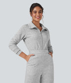 Lapel Zip Long Sleeve Casual Jumpsuit with Pockets — Fog Gray — view 7