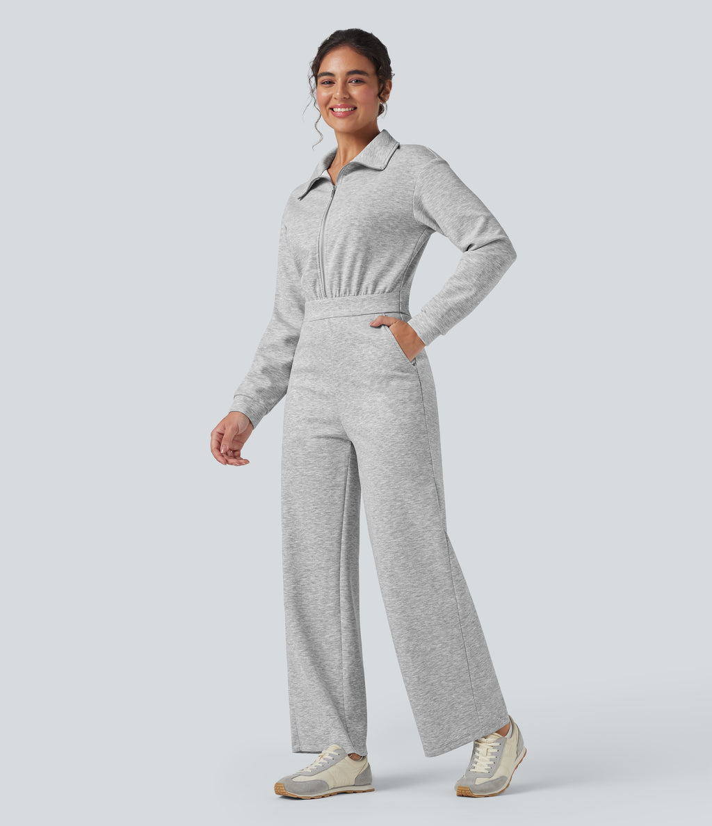Lapel Zip Long Sleeve Casual Jumpsuit with Pockets — Fog Gray — view 3