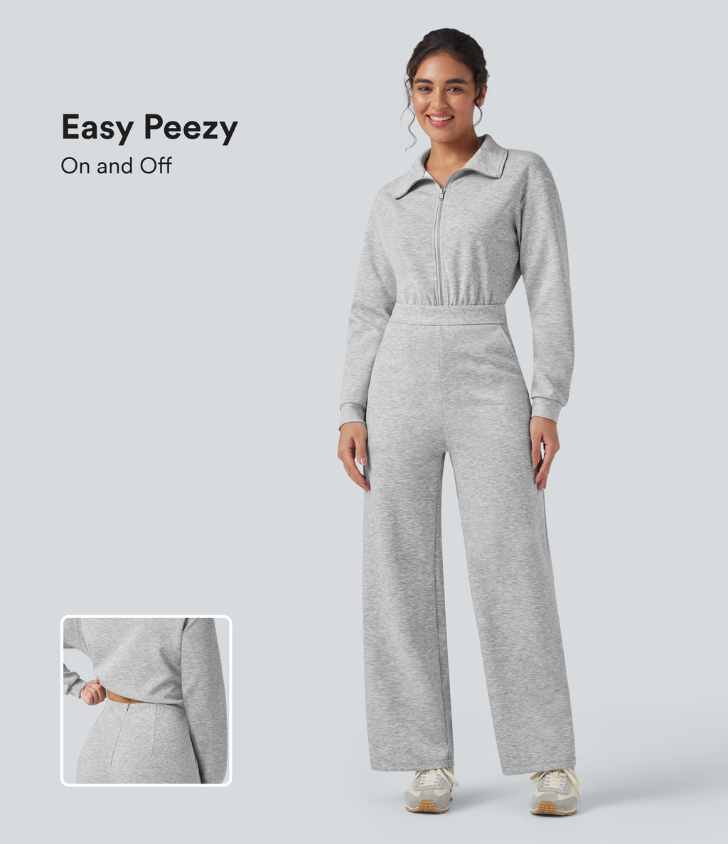 Lapel Zip Long Sleeve Casual Jumpsuit with Pockets — Fog Gray — view 1