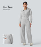 Lapel Zip Long Sleeve Casual Jumpsuit with Pockets — Fog Gray — view 1