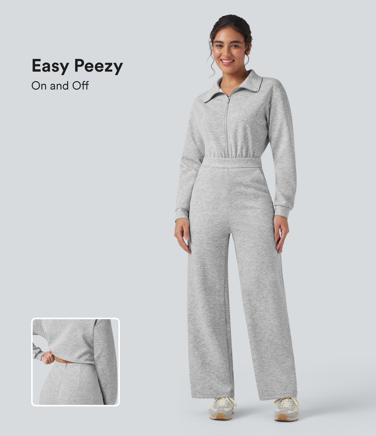Lapel Zip Long Sleeve Casual Jumpsuit with Pockets — Fog Gray — view 1