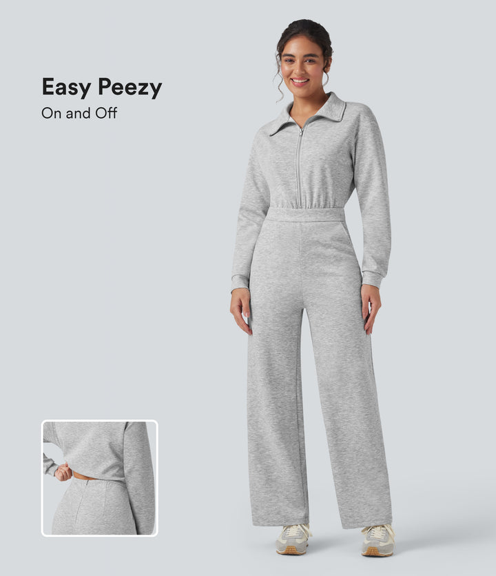 Lapel Zip Long Sleeve Casual Jumpsuit with Pockets — Fog Gray — view 1