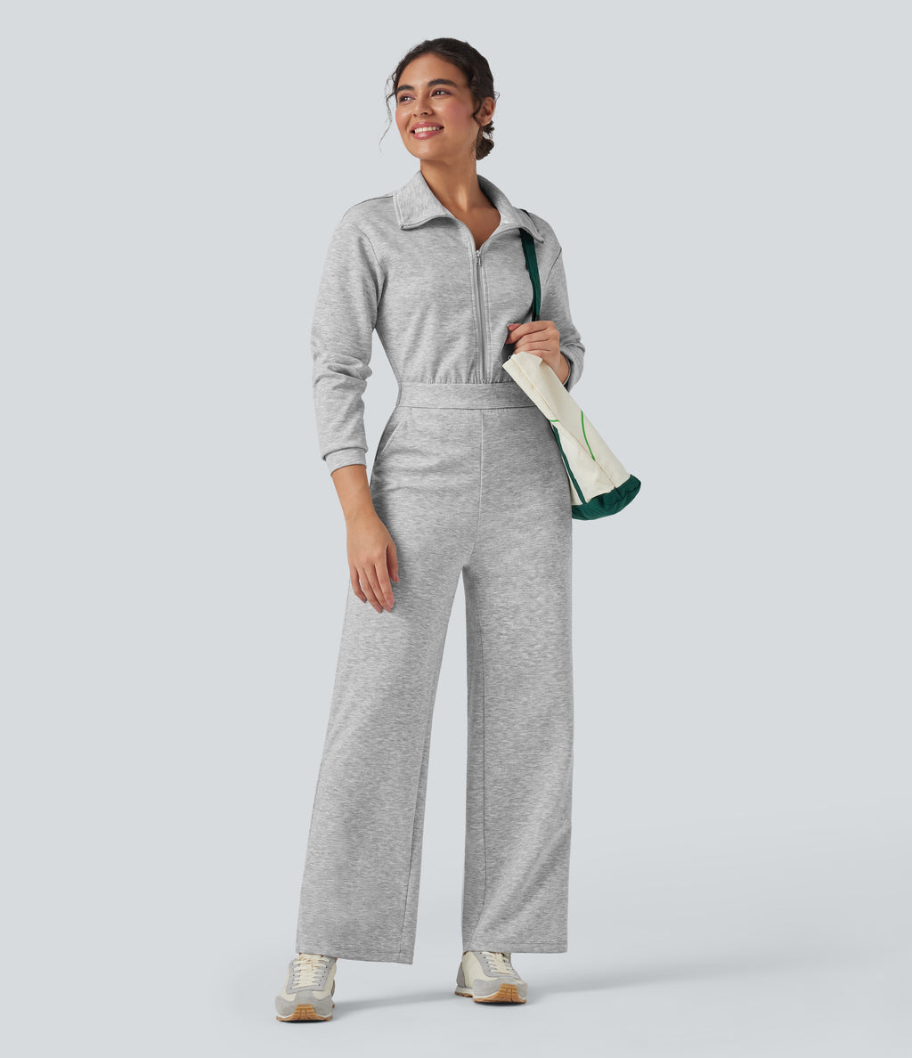Lapel Zip Long Sleeve Casual Jumpsuit with Pockets — Fog Gray — view 8