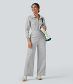 Lapel Zip Long Sleeve Casual Jumpsuit with Pockets — Fog Gray — view 8