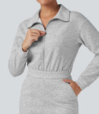 Lapel Zip Long Sleeve Casual Jumpsuit with Pockets — Fog Gray — view 6