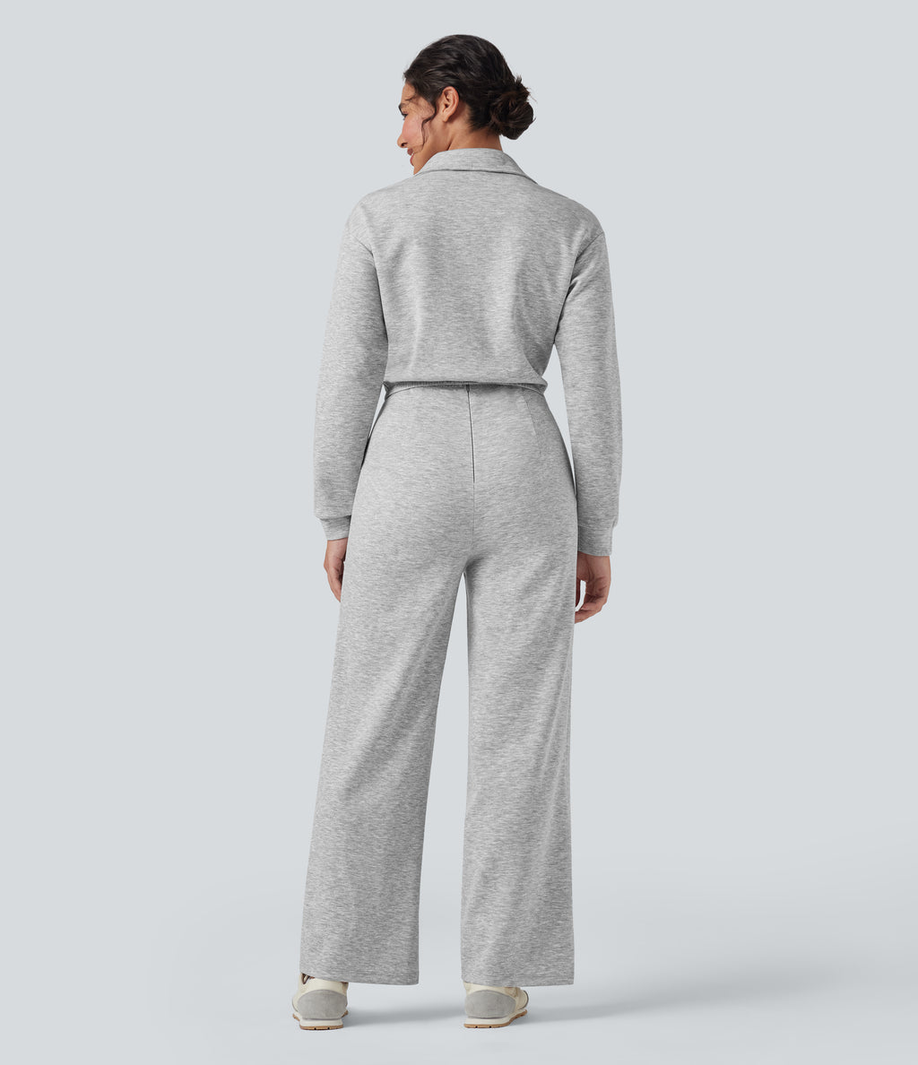 Lapel Zip Long Sleeve Casual Jumpsuit with Pockets — Fog Gray — view 2