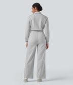 Lapel Zip Long Sleeve Casual Jumpsuit with Pockets — Fog Gray — view 2