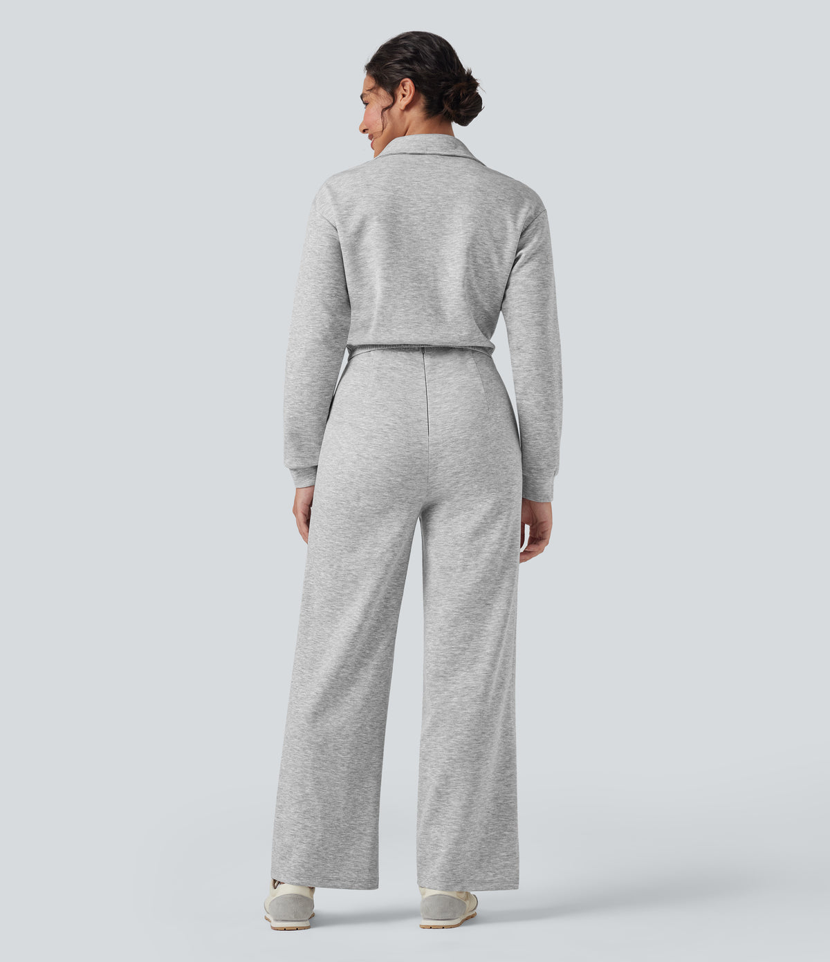 Lapel Zip Long Sleeve Casual Jumpsuit with Pockets — Fog Gray — view 2