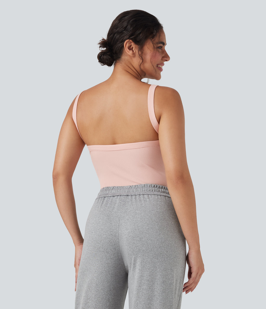 Ribbed Knit Square Neck Sleeveless Skinny Casual Bodysuit — Stardust Pink — view 2