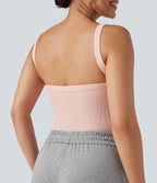 Ribbed Knit Square Neck Sleeveless Skinny Casual Bodysuit — Stardust Pink — view 5