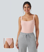 Ribbed Knit Square Neck Sleeveless Skinny Casual Bodysuit — Stardust Pink — view 1