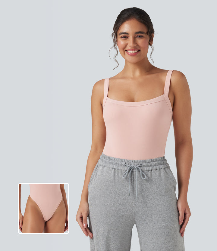 Ribbed Knit Square Neck Sleeveless Skinny Casual Bodysuit — Stardust Pink — view 1