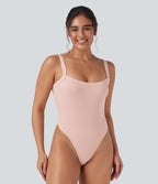 Ribbed Knit Square Neck Sleeveless Skinny Casual Bodysuit — Stardust Pink — view 6