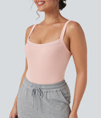 Ribbed Knit Square Neck Sleeveless Skinny Casual Bodysuit — Stardust Pink — view 4