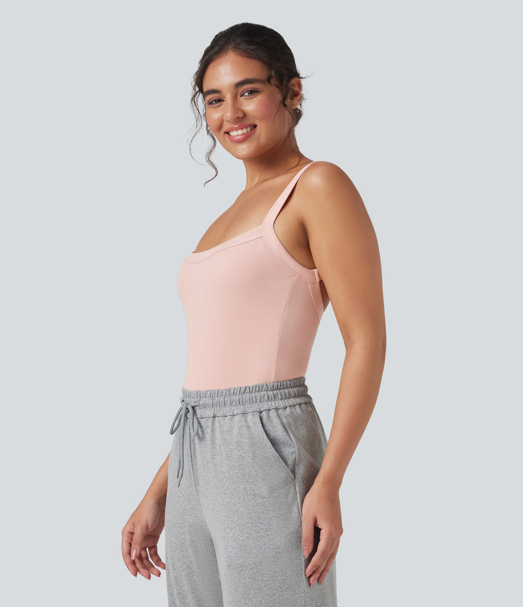 Ribbed Knit Square Neck Sleeveless Skinny Casual Bodysuit — Stardust Pink — view 3