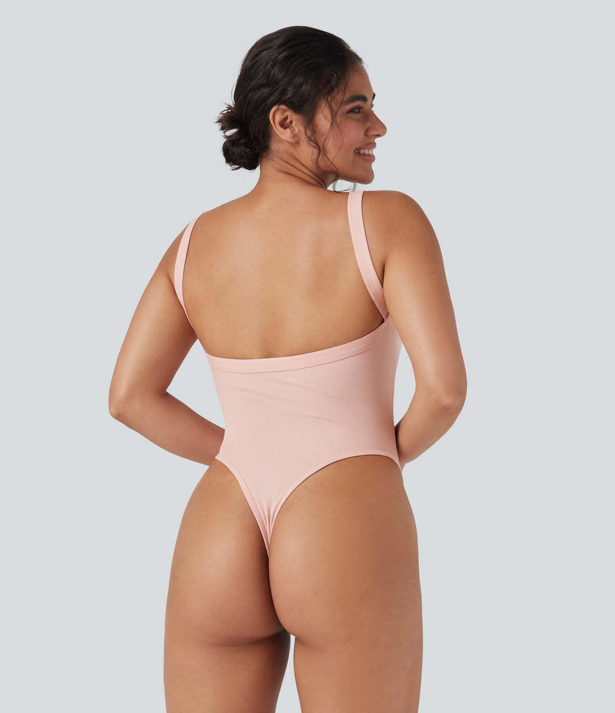 Ribbed Knit Square Neck Sleeveless Skinny Casual Bodysuit — Stardust Pink — view 7