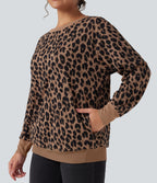 Round Neck Long Sleeve Leopard Waffle Oversized Casual Sweatshirt with Pockets — Noir Safari — view 4