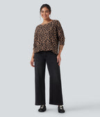 Round Neck Long Sleeve Leopard Waffle Oversized Casual Sweatshirt with Pockets — Noir Safari — view 6