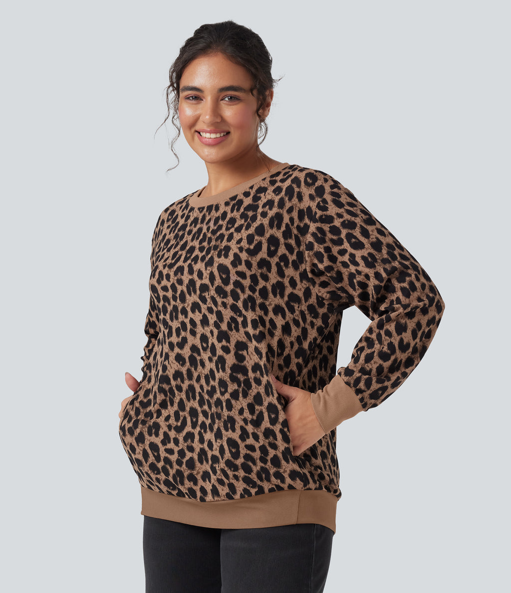 Round Neck Long Sleeve Leopard Waffle Oversized Casual Sweatshirt with Pockets — Noir Safari — view 1