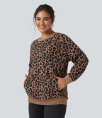 Round Neck Long Sleeve Leopard Waffle Oversized Casual Sweatshirt with Pockets — Noir Safari — view 1