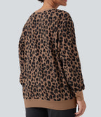 Round Neck Long Sleeve Leopard Waffle Oversized Casual Sweatshirt with Pockets — Noir Safari — view 5