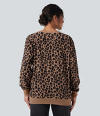 Round Neck Long Sleeve Leopard Waffle Oversized Casual Sweatshirt with Pockets — Noir Safari — view 2