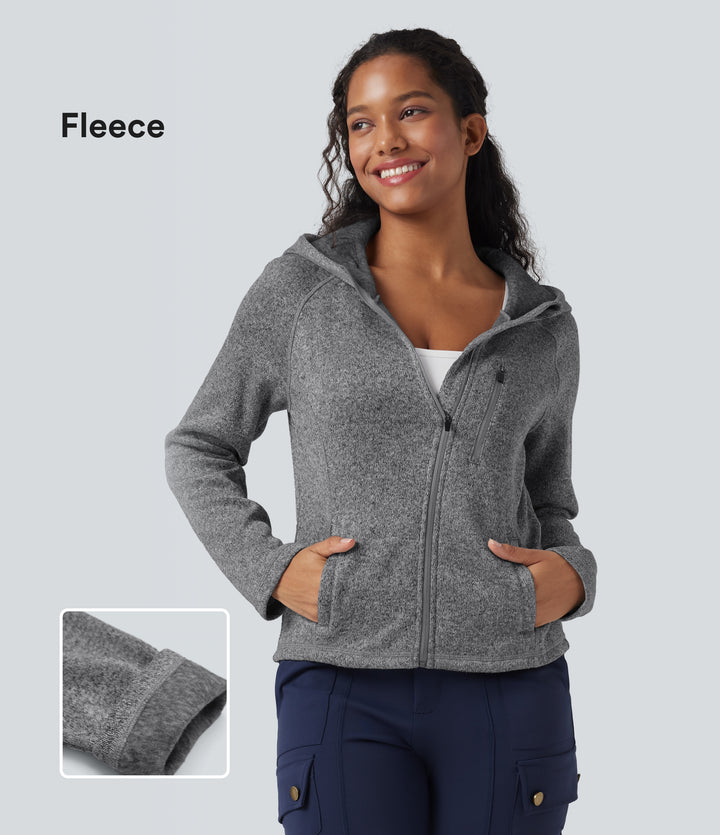Hooded Long Sleeve Fleece Knitted Hiking Jacket with Pockets — Oat Marl — view 1