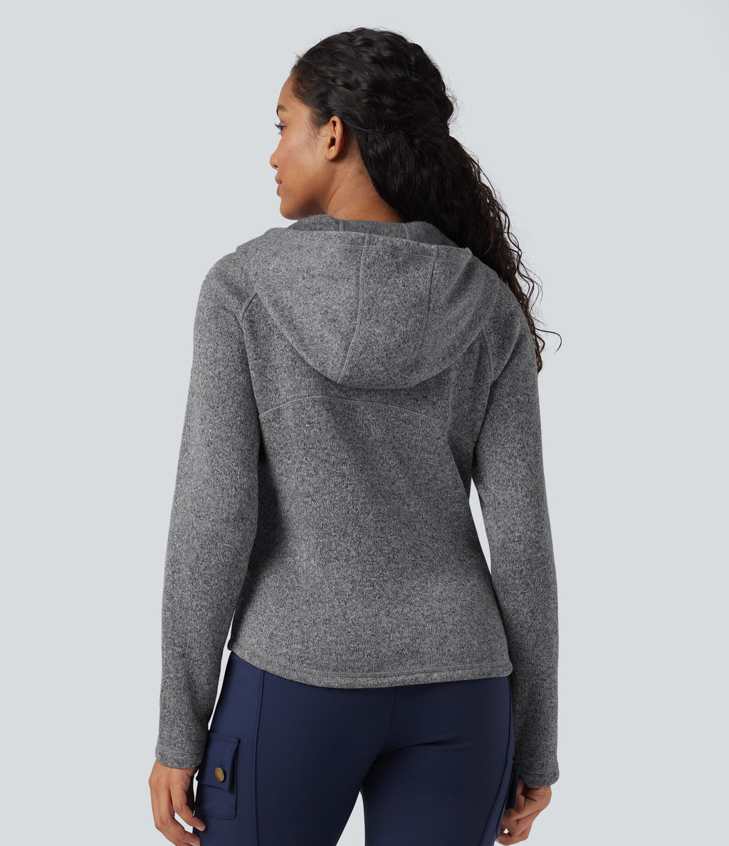 Hooded Long Sleeve Fleece Knitted Hiking Jacket with Pockets — Oat Marl — view 2
