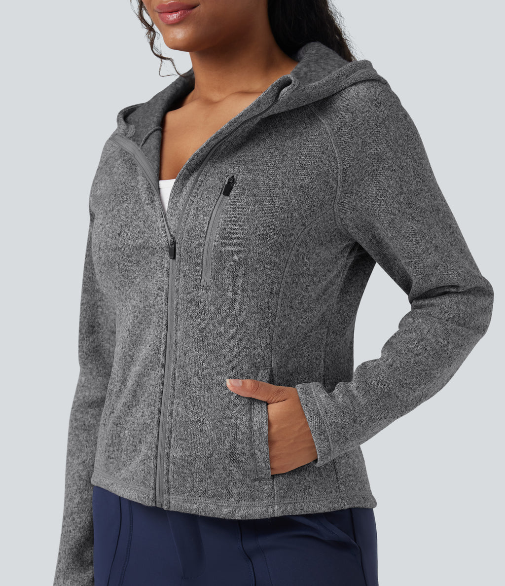 Hooded Long Sleeve Fleece Knitted Hiking Jacket with Pockets — Oat Marl — view 6