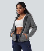 Hooded Long Sleeve Fleece Knitted Hiking Jacket with Pockets — Oat Marl — view 3