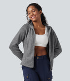 Hooded Long Sleeve Fleece Knitted Hiking Jacket with Pockets — Oat Marl — view 4