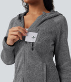Hooded Long Sleeve Fleece Knitted Hiking Jacket with Pockets — Oat Marl — view 5