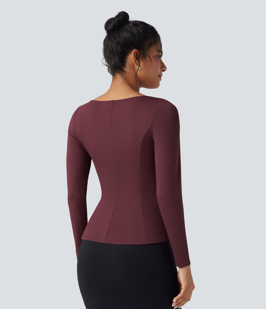 Square Neck Long Sleeve Ruffle Hem Work T-Shirt — Windsor Wine — view 2