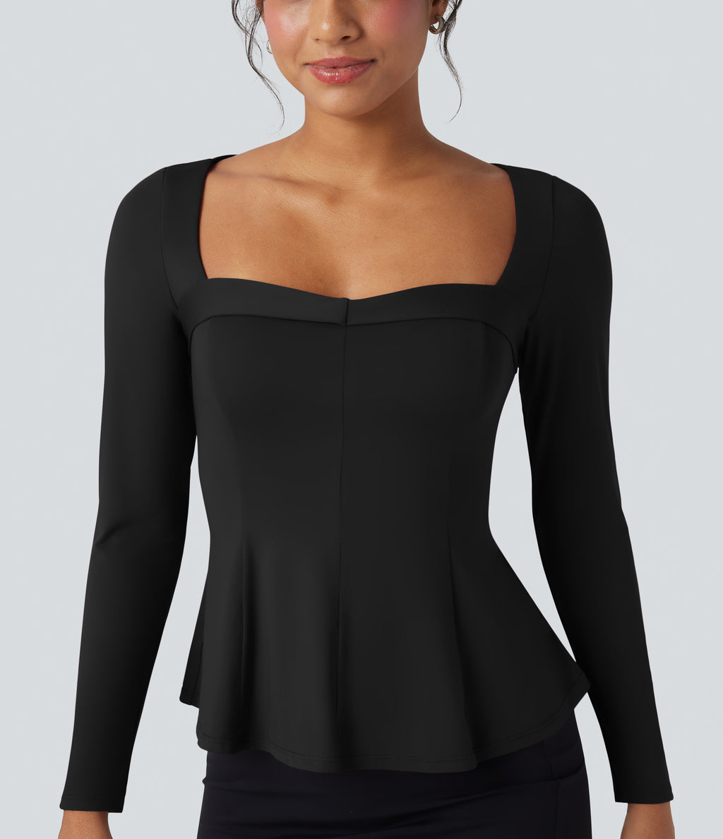 Square Neck Long Sleeve Ruffle Hem Work T-Shirt — Black — view 6