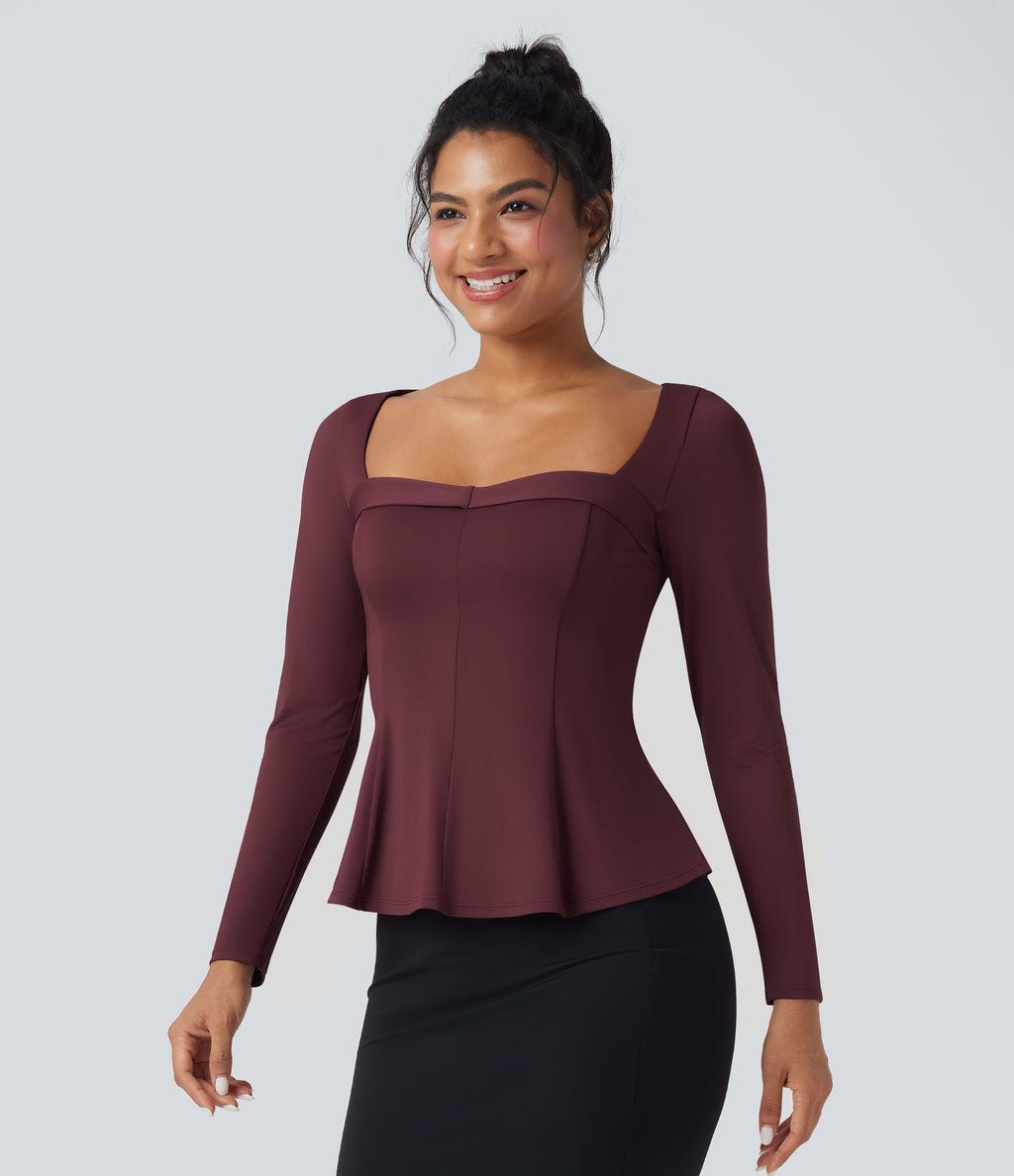 Square Neck Long Sleeve Ruffle Hem Work T-Shirt — Windsor Wine — view 4