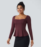 Square Neck Long Sleeve Ruffle Hem Work T-Shirt — Windsor Wine — view 4
