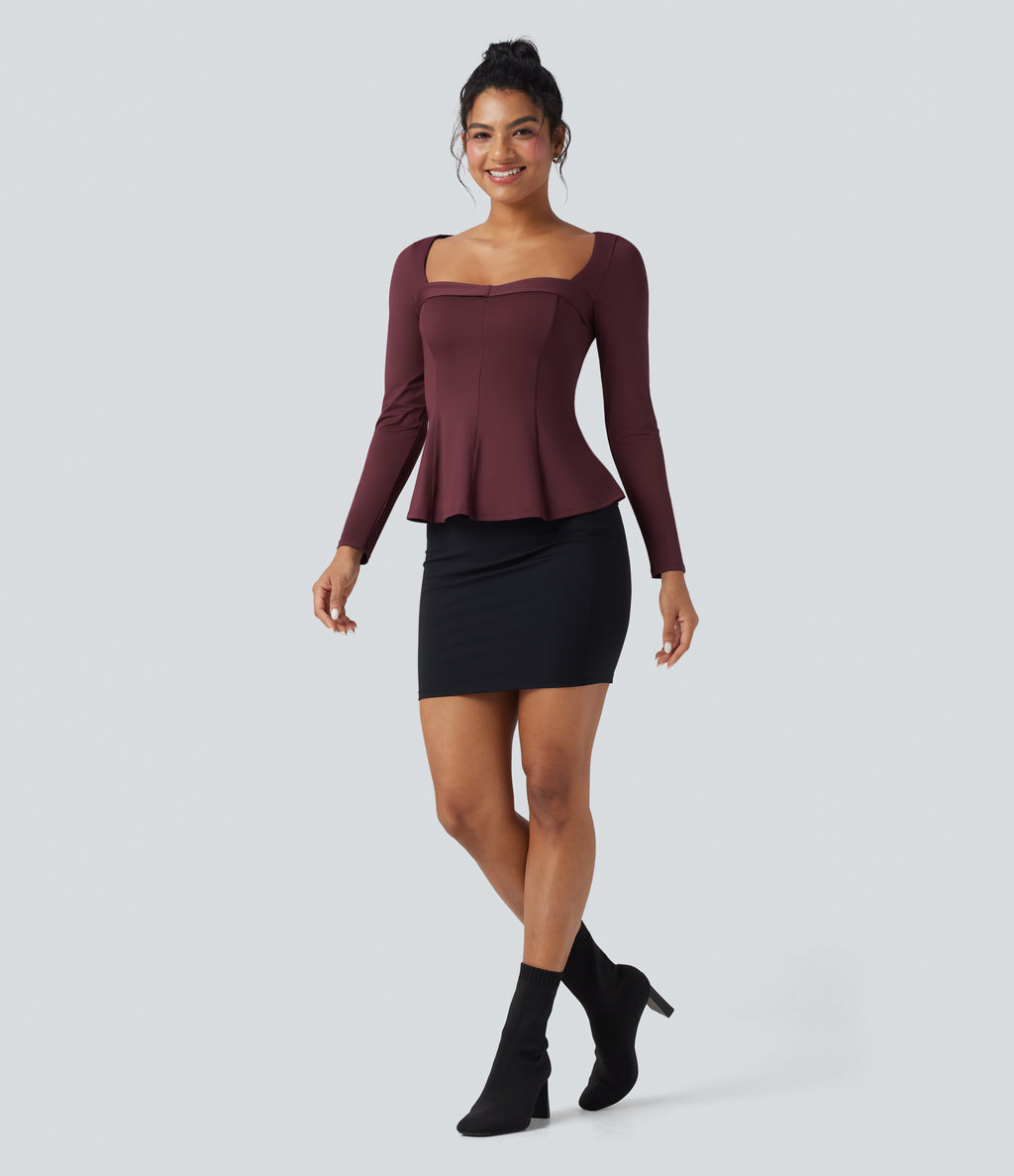 Square Neck Long Sleeve Ruffle Hem Work T-Shirt — Windsor Wine — view 5