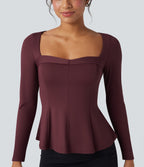 Square Neck Long Sleeve Ruffle Hem Work T-Shirt — Windsor Wine — view 1