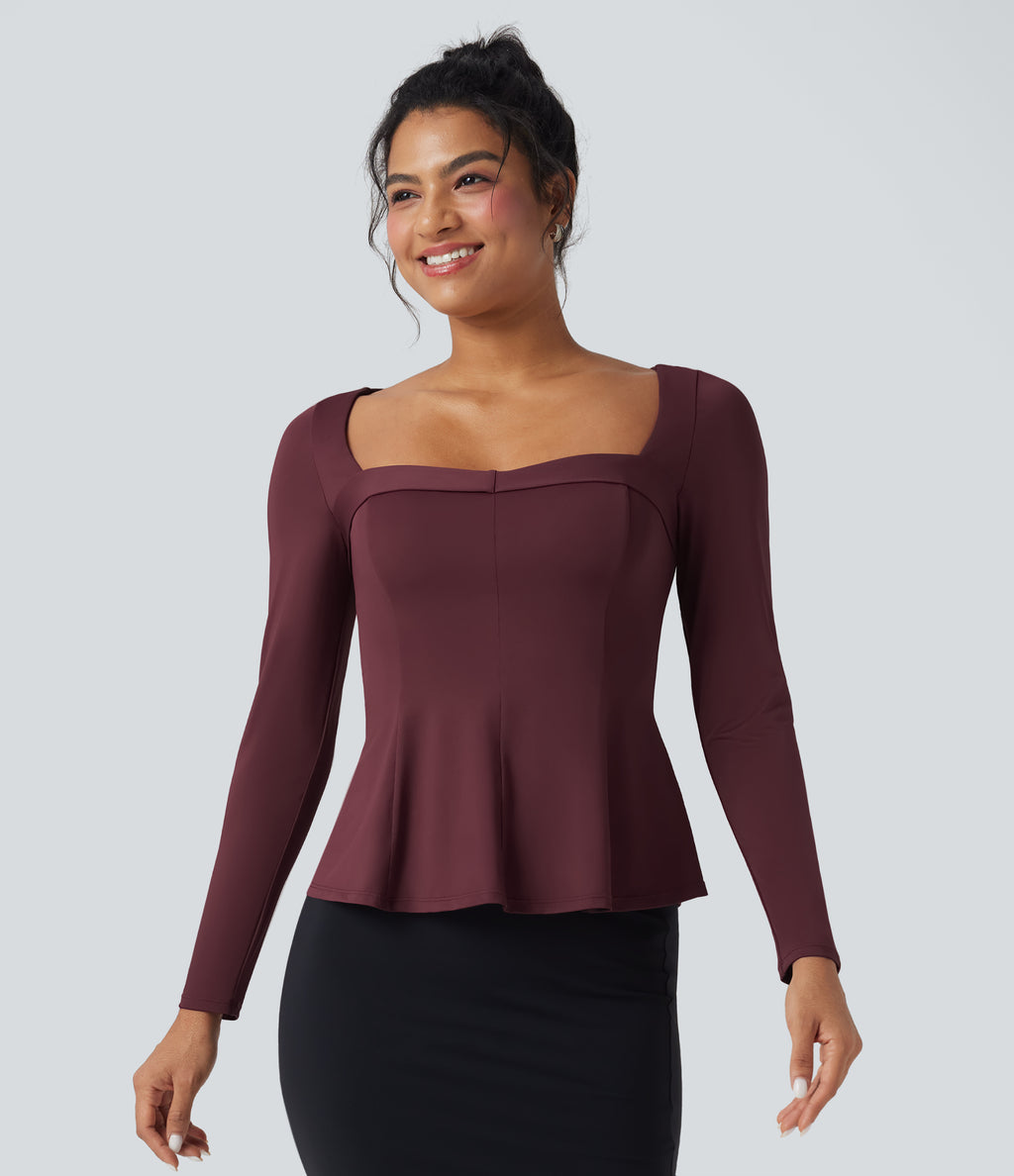 Square Neck Long Sleeve Ruffle Hem Work T-Shirt — Windsor Wine — view 3