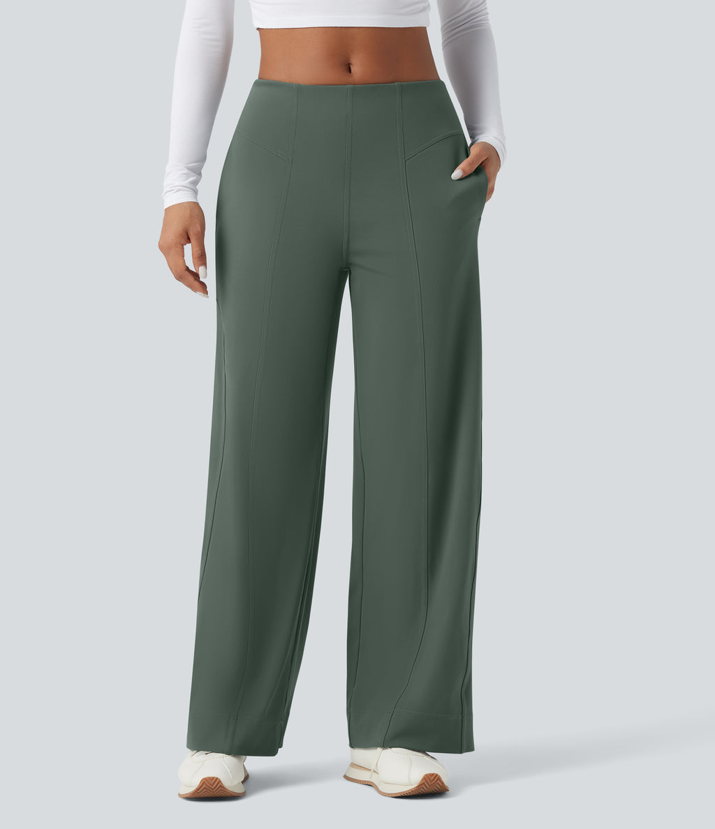 Mid Rise Wide Leg Casual Trousers with Pockets — Deep Aquamarine — view 1