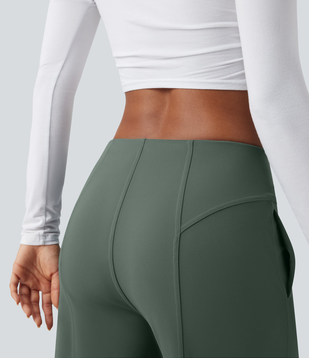 Mid Rise Wide Leg Casual Trousers with Pockets — Deep Aquamarine — view 5