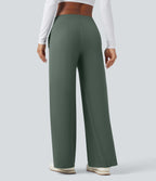 Mid Rise Wide Leg Casual Trousers with Pockets — Deep Aquamarine — view 3
