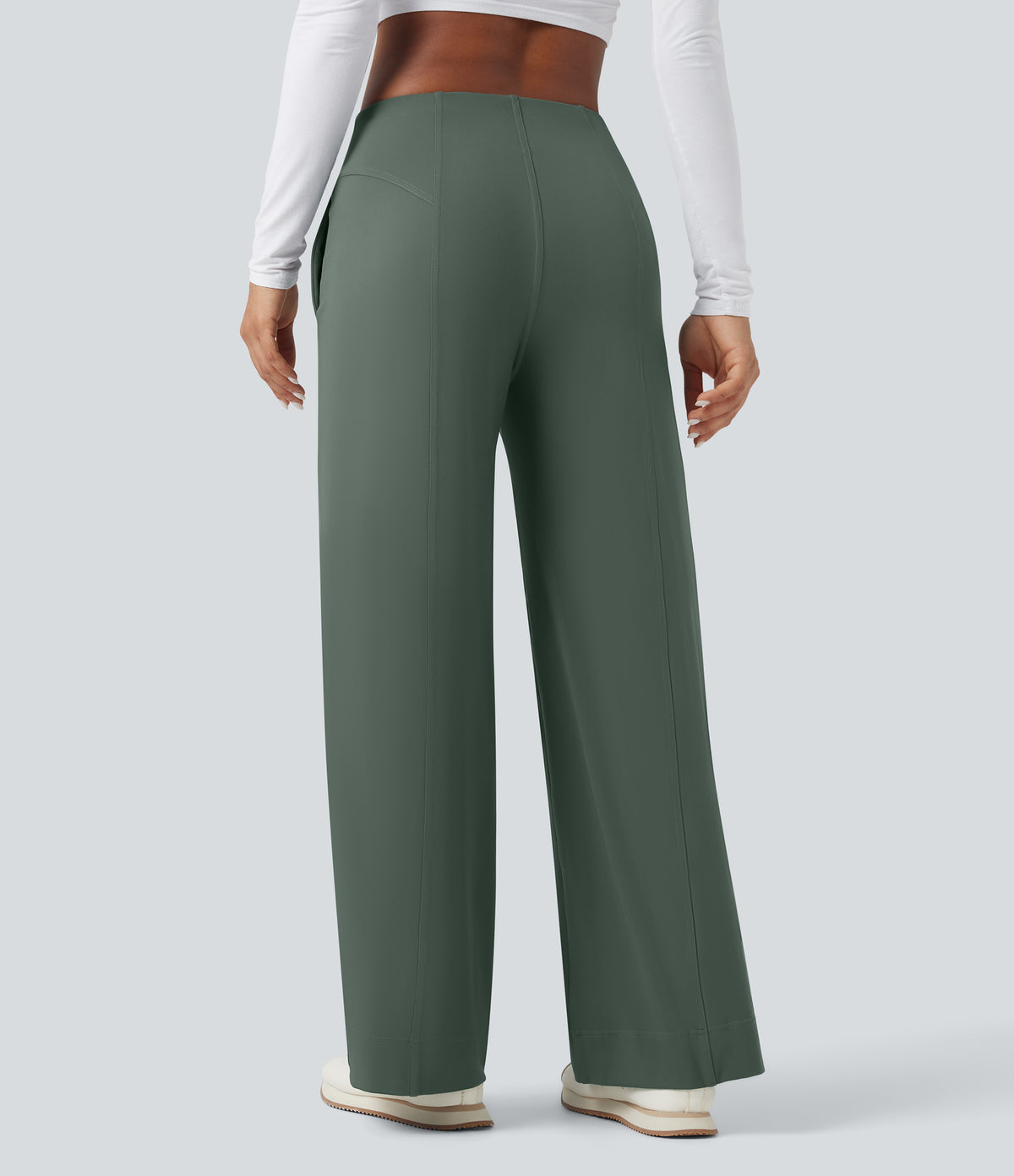 Mid Rise Wide Leg Casual Trousers with Pockets — Deep Aquamarine — view 3