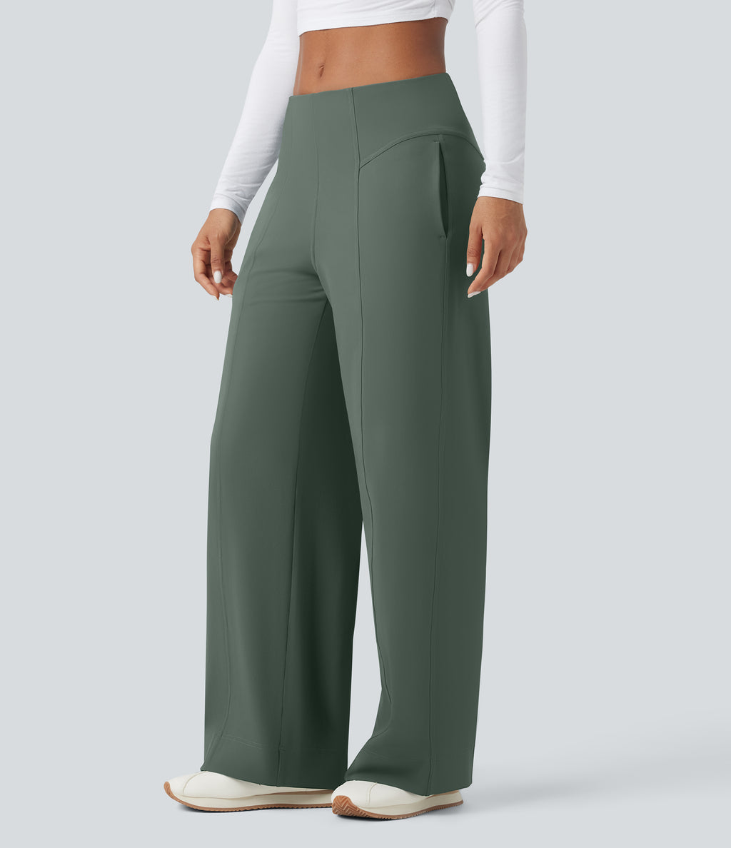 Mid Rise Wide Leg Casual Trousers with Pockets — Deep Aquamarine — view 4