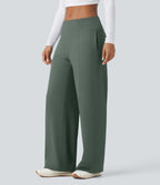 Mid Rise Wide Leg Casual Trousers with Pockets — Deep Aquamarine — view 4