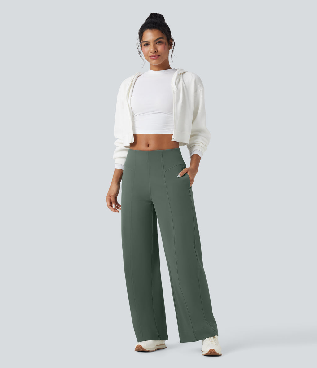 Mid Rise Wide Leg Casual Trousers with Pockets — Deep Aquamarine — view 2